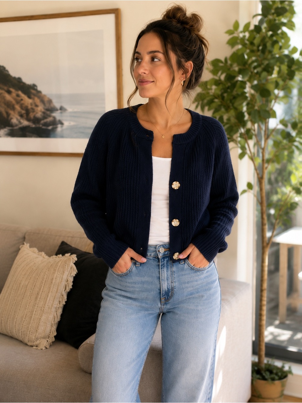 Margeaux & Ellie Navy Chunky Rib Knit Button Cardigan Women’s Large Cropped